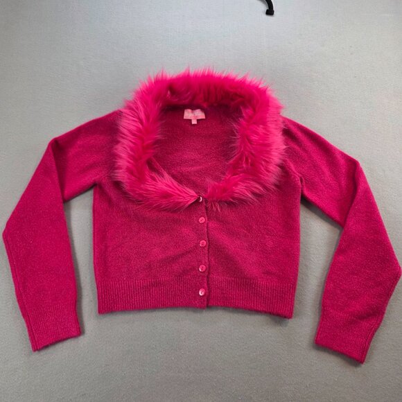 Dolls Kill Sugar Thrillz Marabou Fur Trim Cardigan Sweater Deep Scoop Neck 1X - Picture 2 of 11